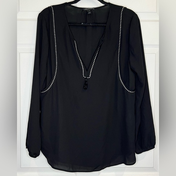 J. Crew Women's Split Neck Blouse with Tassel Trim - Black - Size 10 - Picture 1 of 8